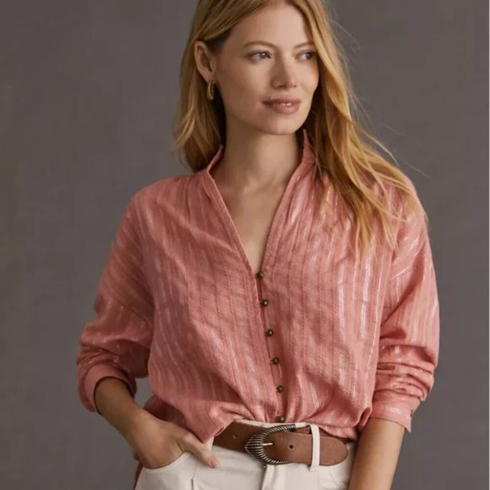 Anthropologie Pilcro Pink Metallic Striped Button Up Top